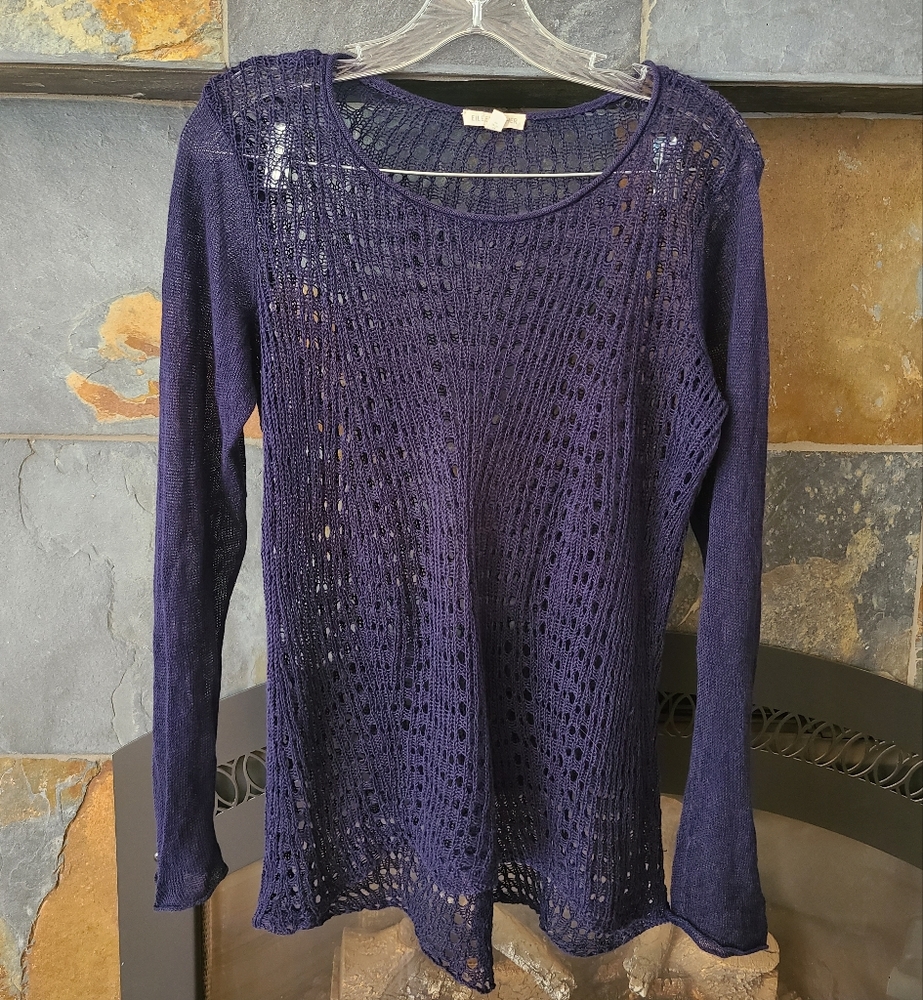 Eileen Fisher Organic Linen Fine Gauge Open Weave Navy Blue Scoop Neck Sweater M